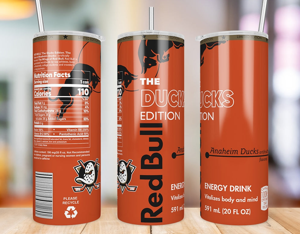 Anaheim Ducks Red Bull-inspired 20 oz skinny tumbler three-angle product mockup