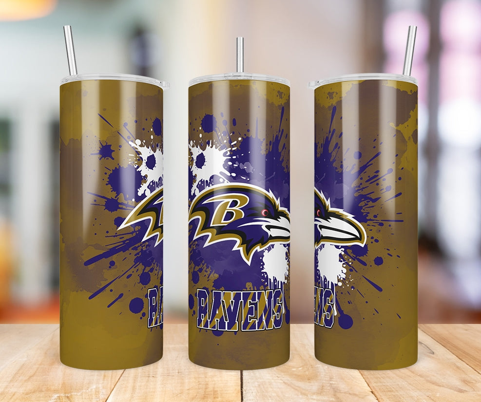 Baltimore Ravens Paint Splatter 20 oz skinny tumbler three-angle product photo