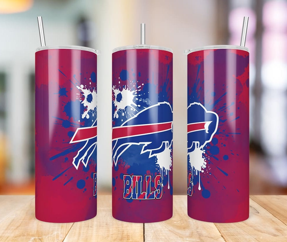 Buffalo Bills Paint Splatter 20 oz skinny tumbler three-angle product photo