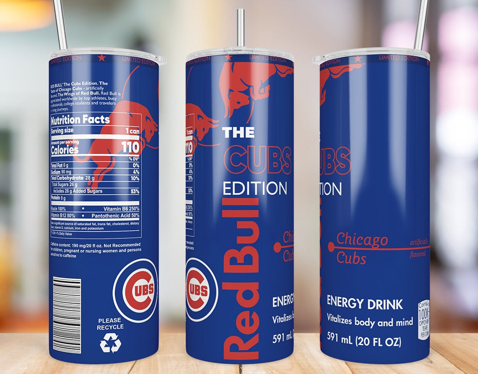 Chicago Cubs 20 oz skinny tumbler three-angle product mockup
