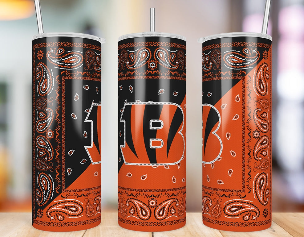 Cincinnati Bengals Bandana Paisley 20 oz skinny tumbler three-view product photo