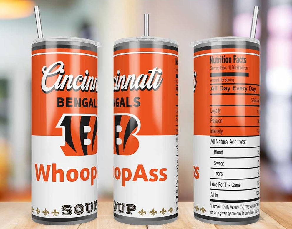 Cincinnati Bengals Whoop Ass Soup 20 oz skinny tumbler
