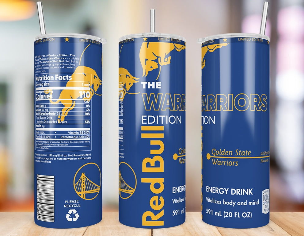 Golden State Warriors 20 oz skinny tumbler triple-view product mockup