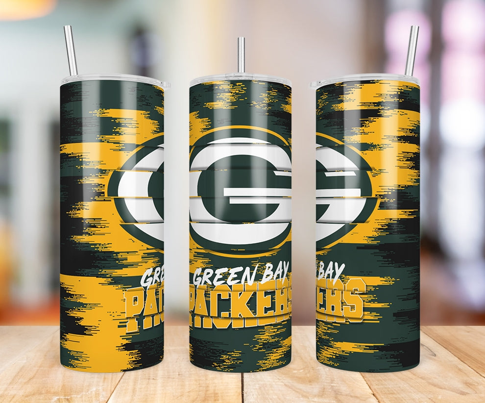 Green Bay Packers Glitch 20 oz skinny tumbler three-angle product photo