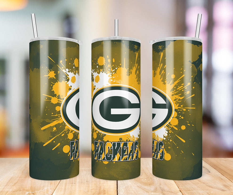 Green Bay Packers Paint Splatter 20 oz skinny tumbler three-angle product photo