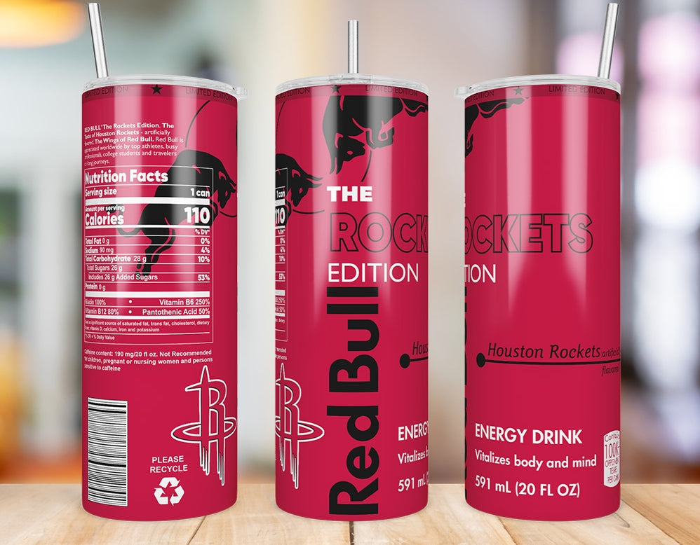 Houston Rockets 20 oz skinny tumbler three-angle product mockup