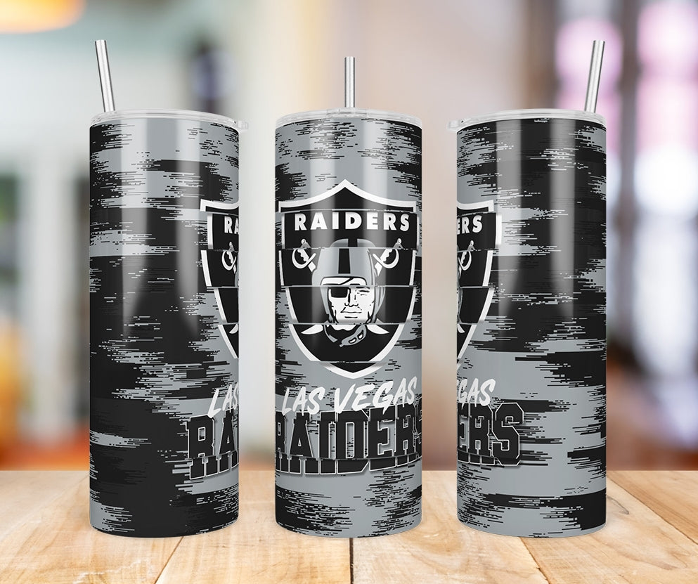 Las Vegas Raiders Glitch 20 oz skinny tumbler three-angle product photo