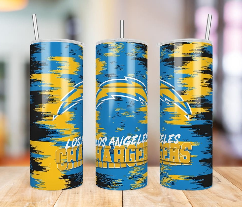 Los Angeles Chargers Glitch 20 oz skinny tumbler three-angle product photo