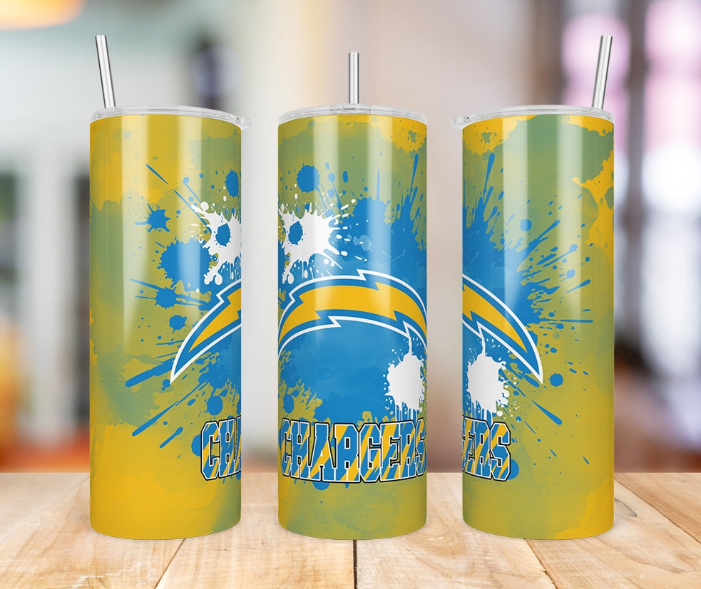 Los Angeles Chargers Paint Splatter 20 oz skinny tumbler three-angle product photo