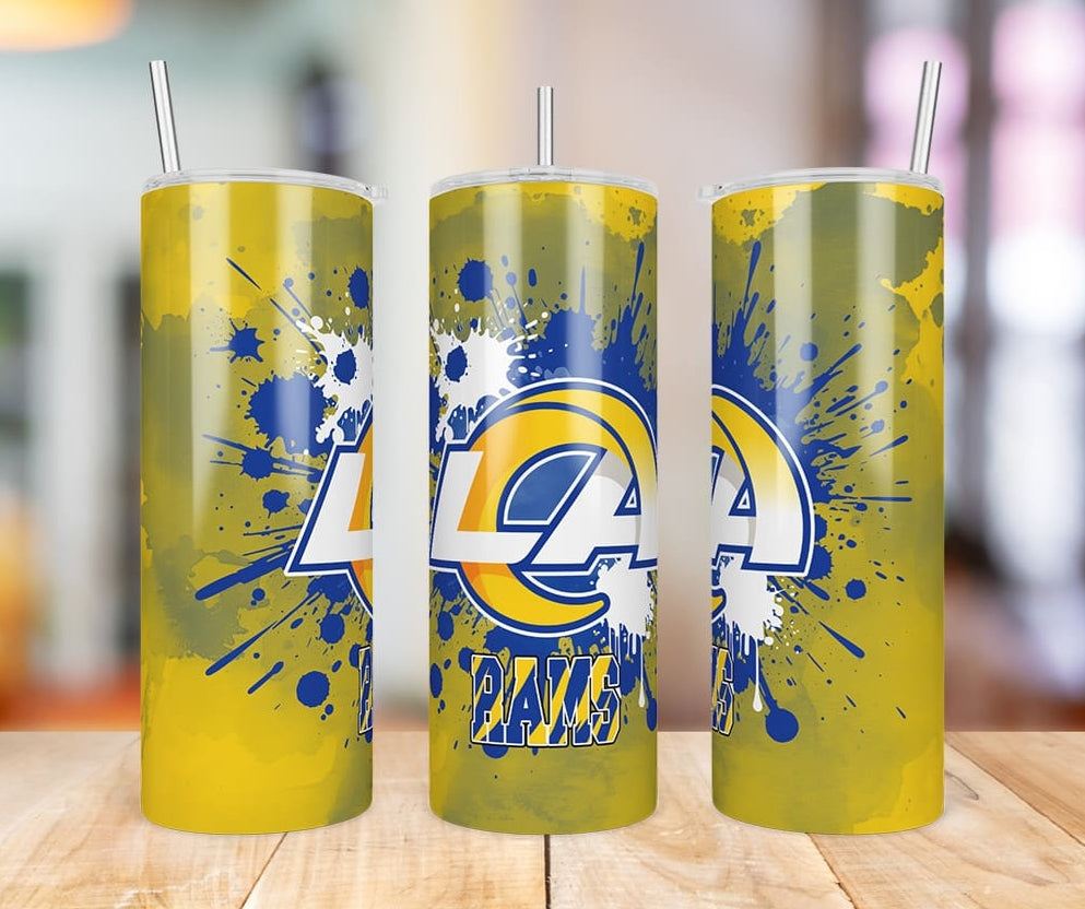 Los Angeles Rams Paint Splatter 20 oz skinny tumbler three-angle product photo