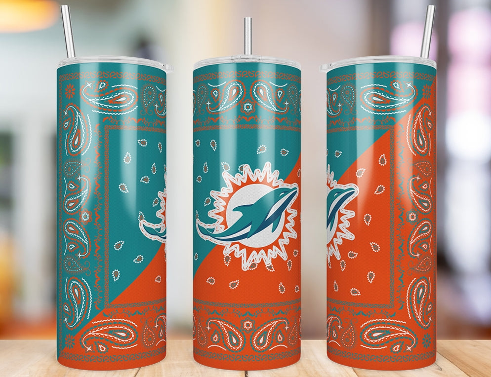 Miami Dolphins Bandana Paisley 20 oz skinny tumbler three-angle product photo