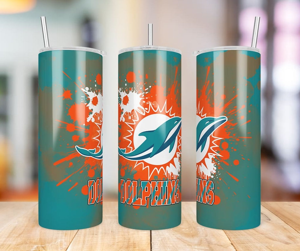 Miami Dolphins Paint Splatter 20 oz skinny tumbler three-angle product photo