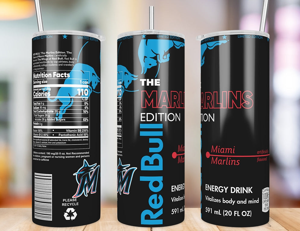 Miami Marlins 20 oz skinny tumbler three-angle product mockup