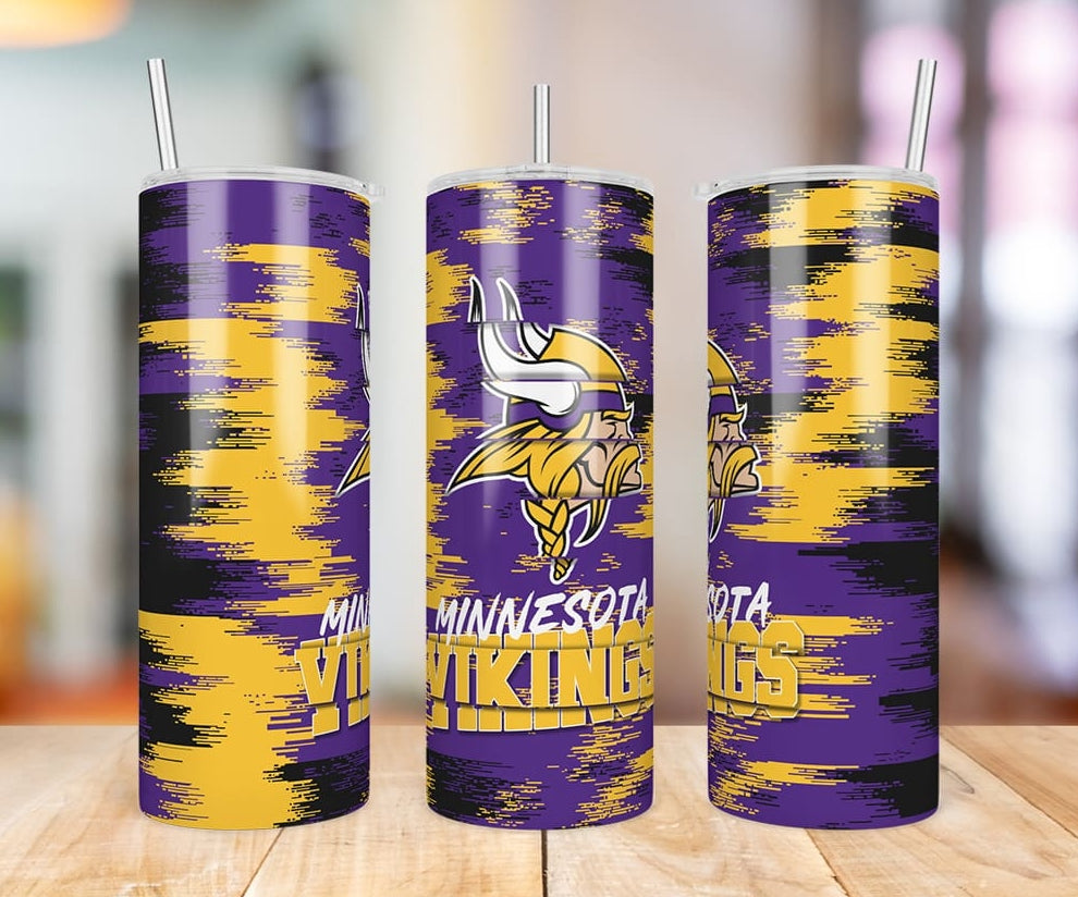 Minnesota Vikings Glitch 20 oz skinny tumbler three-angle product photo