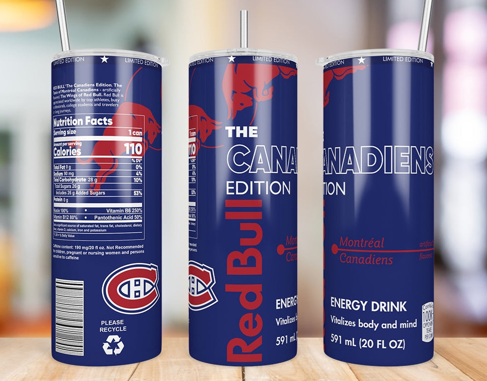 Montreal Canadiens Red Bull-inspired 20 oz skinny tumbler three-angle product mockup