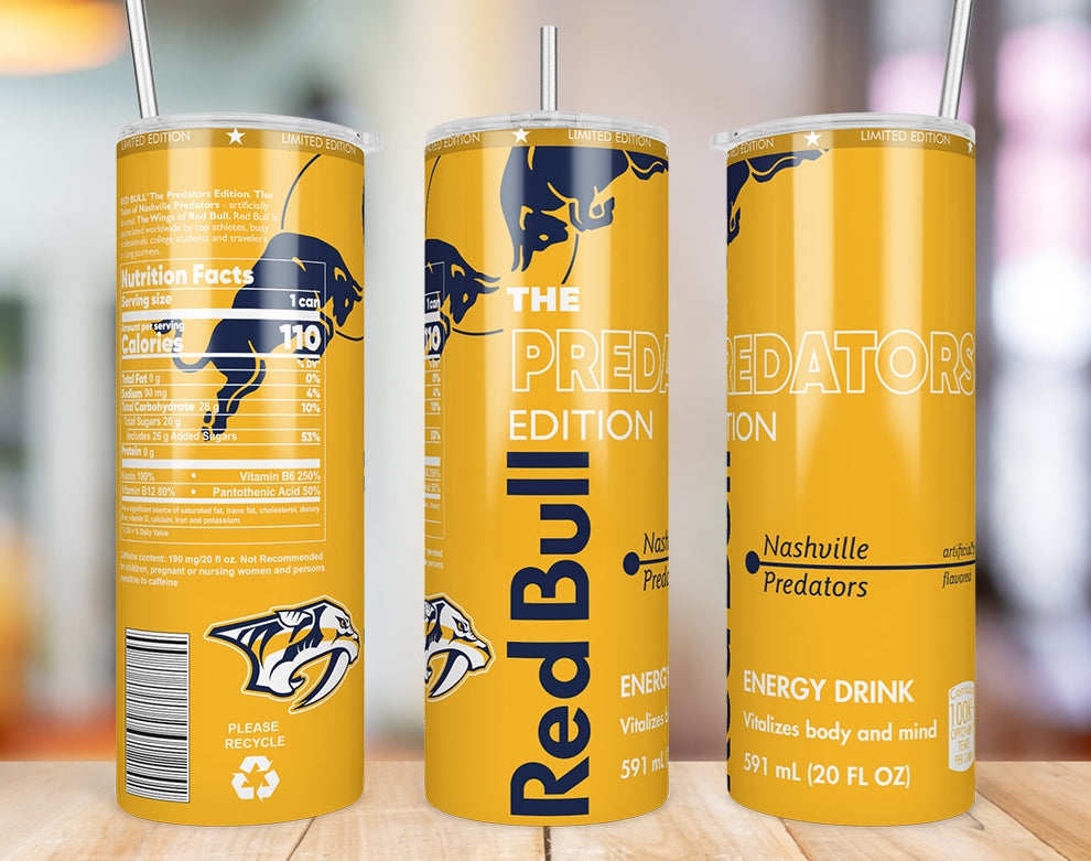 Nashville Predators inspired 20oz skinny tumbler shown from three angles
