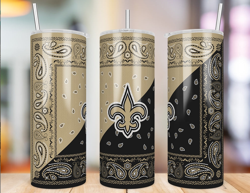 New Orleans Saints Bandana Paisley 20 oz skinny tumbler three-angle product photo