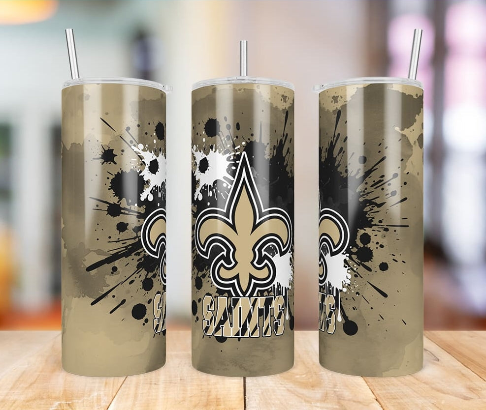 New Orleans Saints Paint Splatter 20 oz skinny tumbler three-angle product photo
