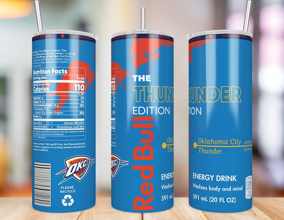 Oklahoma City Thunder 20 oz skinny tumbler triple-view product mockup