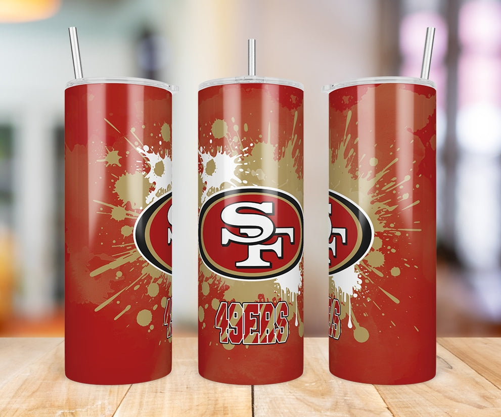 San Francisco 49ers Paint Splatter 20 oz skinny tumbler three-angle product photo