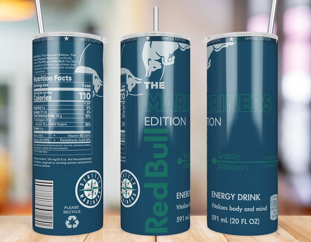 Seattle Mariners 20 oz skinny tumbler three-angle product mockup