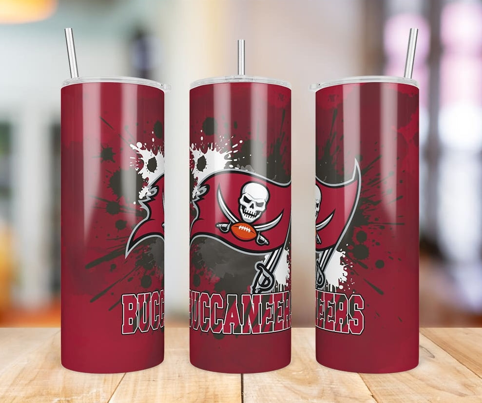 Tampa Bay Buccaneers Paint Splatter 20 oz skinny tumbler three-angle product photo