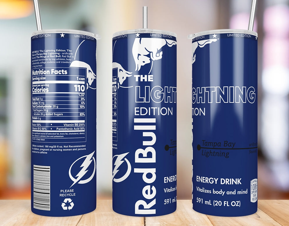Tampa Bay Lightning inspired 20oz skinny tumbler shown from three angles