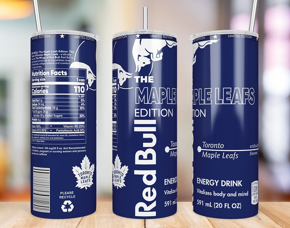 Toronto Maple Leafs inspired 20oz skinny tumbler shown from three angles