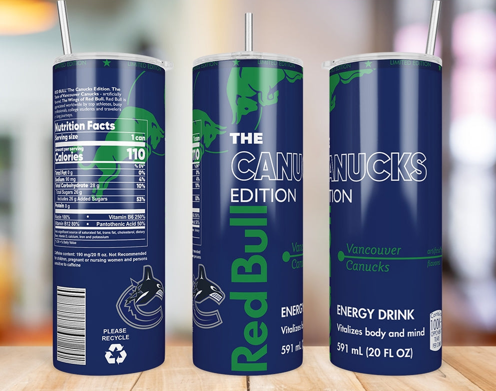 Vancouver Canucks Red Bull-inspired 20 oz skinny tumbler three-angle product mockup