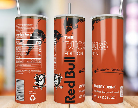 Anaheim Ducks Red Bull-inspired 20 oz skinny tumbler three-angle product mockup