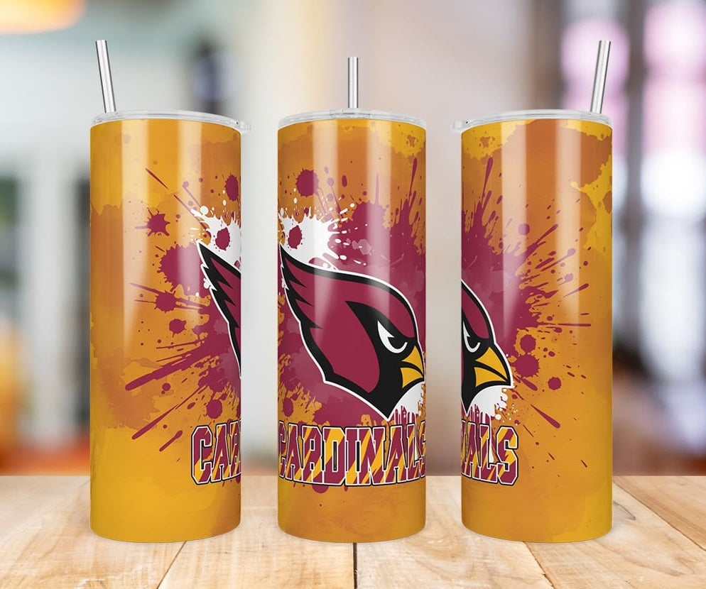 Arizona Cardinals Paint Splatter 20 oz skinny tumbler three-angle product photo