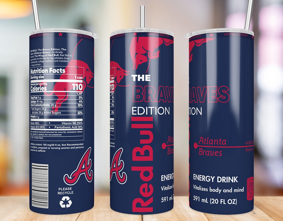 Atlanta Braves 20 oz skinny tumbler three-angle product mockup