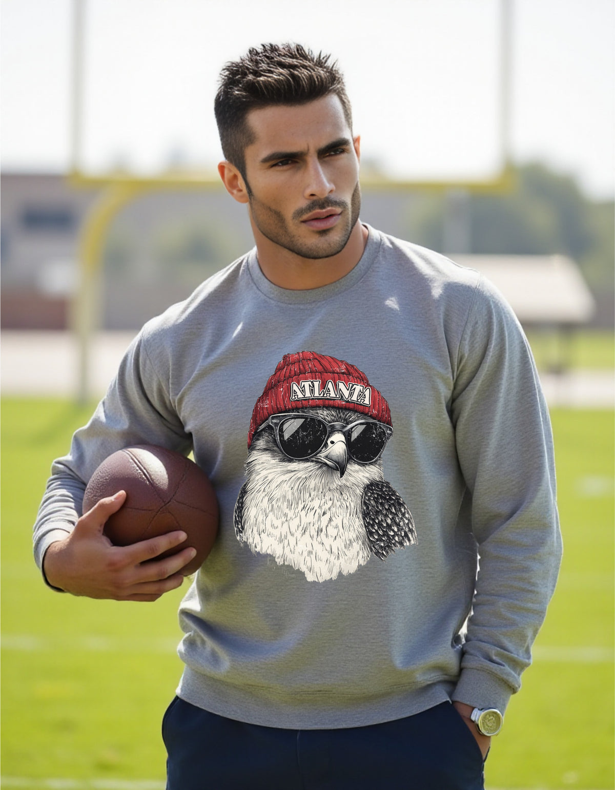Atlanta Falcons Spirit Animal crewneck sweatshirt on a male model holding a football