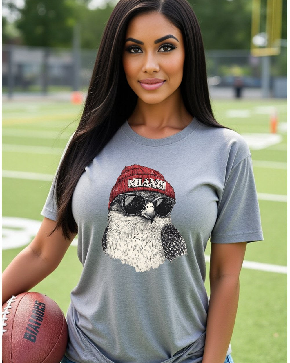 Atlanta Falcons Spirit Animal graphic T-shirt on a female model