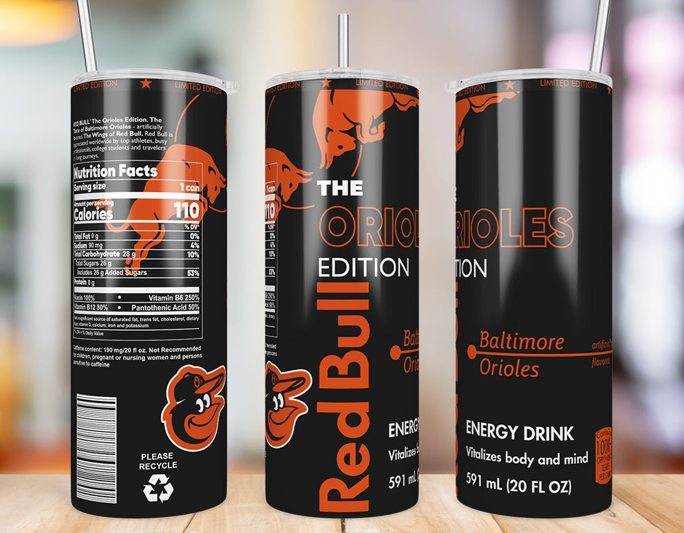 Baltimore Orioles 20 oz skinny tumbler three-angle product mockup