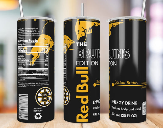 Boston Bruins Red Bull-inspired 20 oz skinny tumbler three-angle product mockup