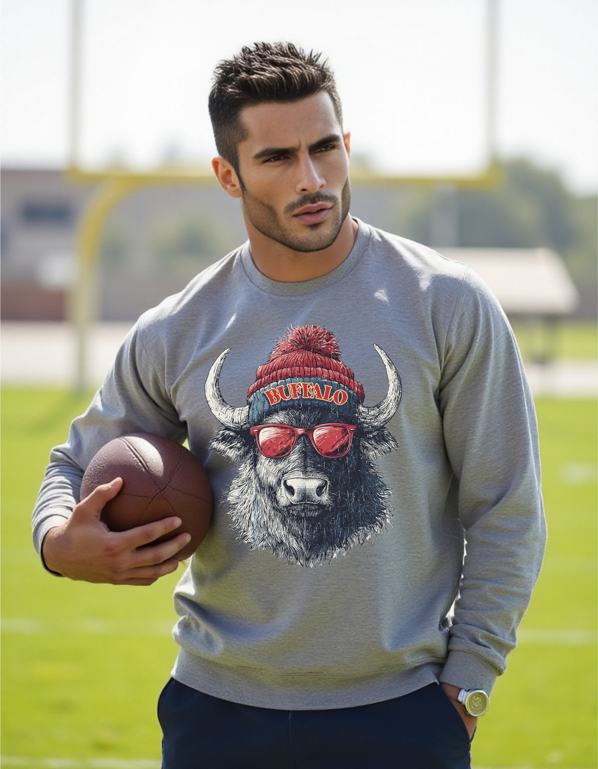 Buffalo Bills Spirit Animal crewneck sweatshirt on a male model holding a football