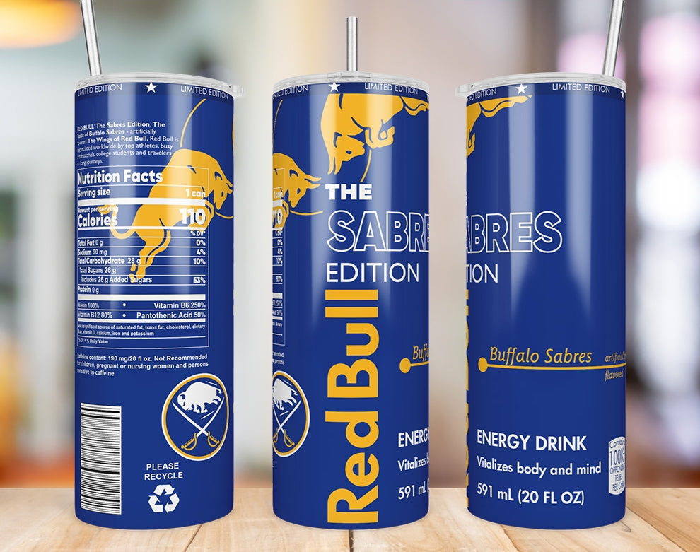 Buffalo Sabres Red Bull-inspired 20 oz skinny tumbler three-side product mockup