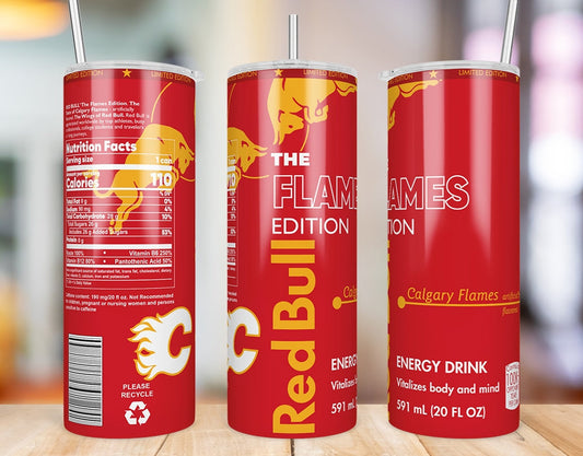 Calgary Flames Red Bull-inspired 20 oz skinny tumbler three-angle product mockup