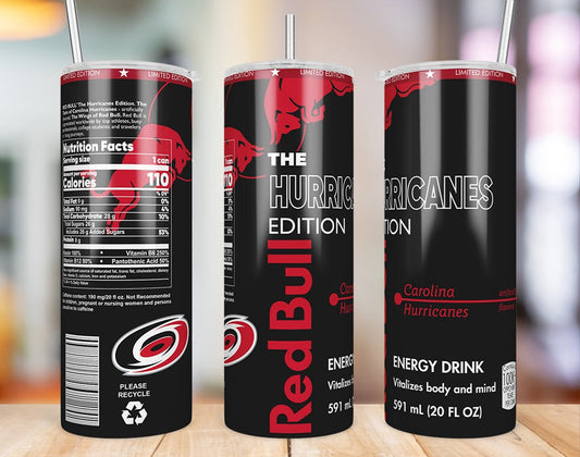 Carolina Hurricanes Red Bull-inspired 20 oz skinny tumbler three-angle product mockup
