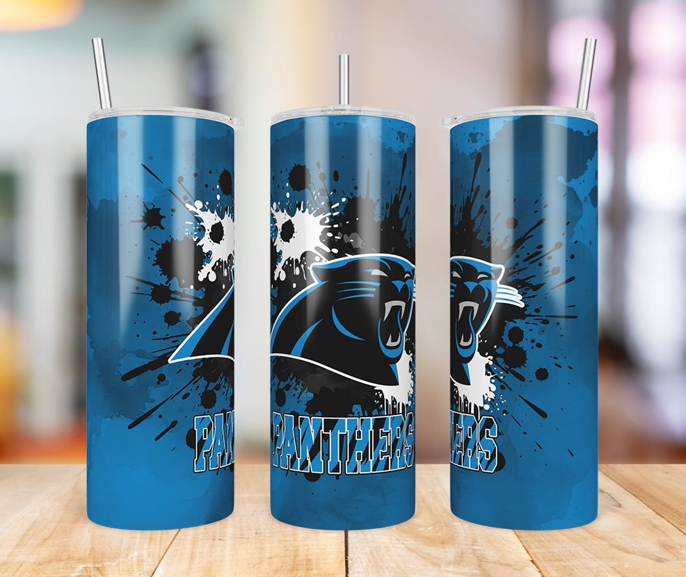 Carolina Panthers Paint Splatter 20 oz skinny tumbler three-view product photo