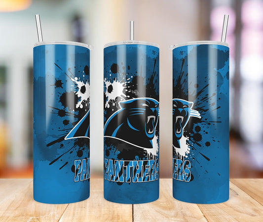 Carolina Panthers Paint Splatter 20 oz skinny tumbler three-view product photo