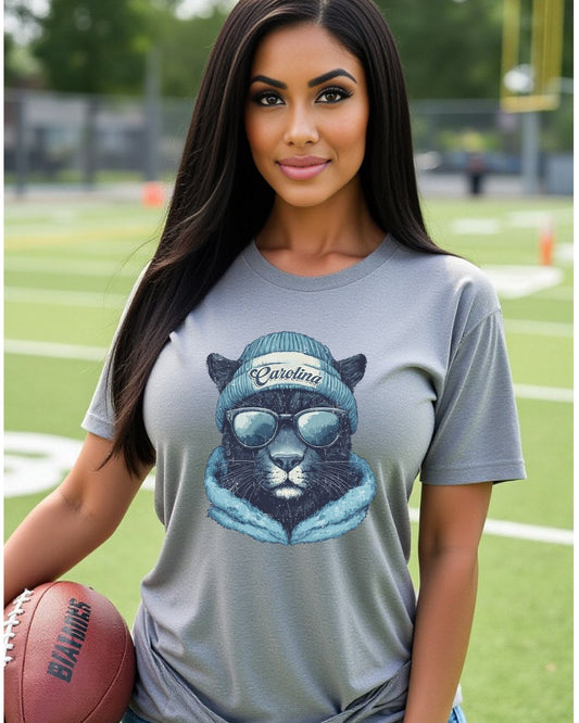 Carolina Panthers Spirit Animal graphic T-shirt on a female model