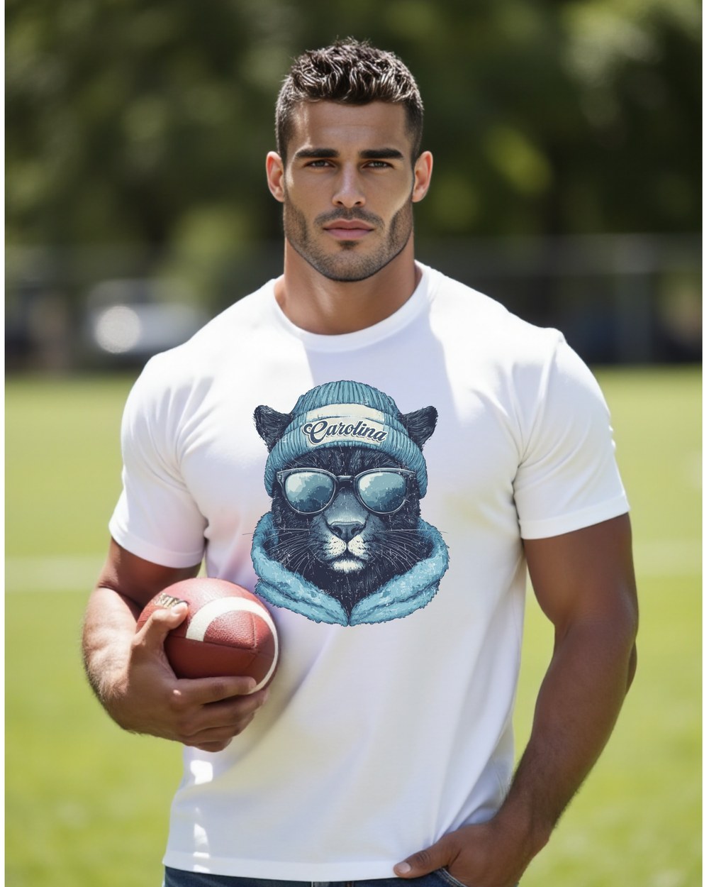 Carolina Panthers Spirit Animal graphic T-shirt on a male model