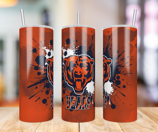 Chicago Bears Paint Splatter 20 oz skinny tumbler three-view product photo