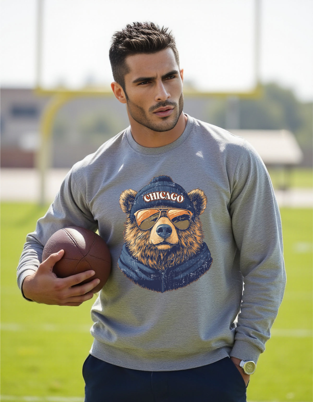 Chicago Bears Spirit Animal sweatshirt modeled by a man holding a football