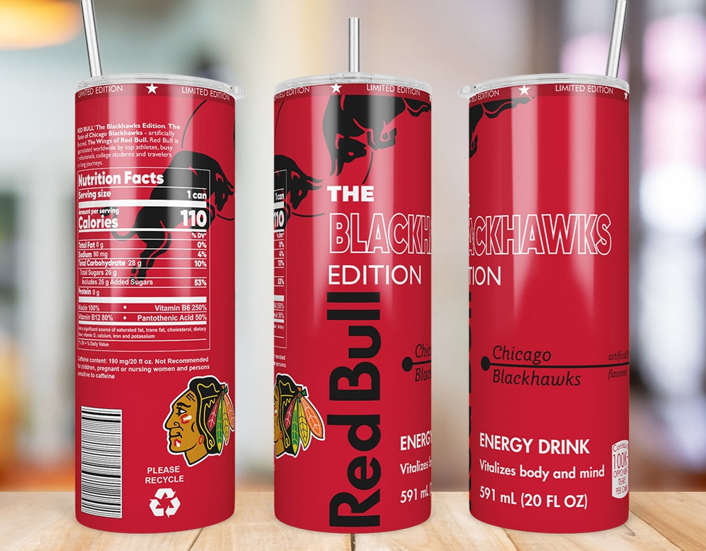 Chicago Blackhawks 20 oz skinny tumbler three-angle product mockup