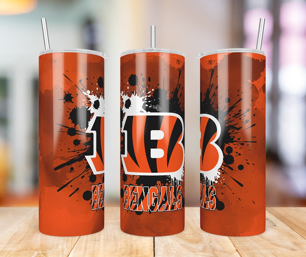 Cincinnati Bengals Paint Splatter 20 oz skinny tumbler three-view product photo