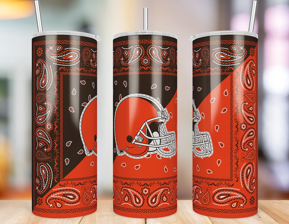 Cleveland Browns Bandana Paisley 20 oz skinny tumbler three-view product photo