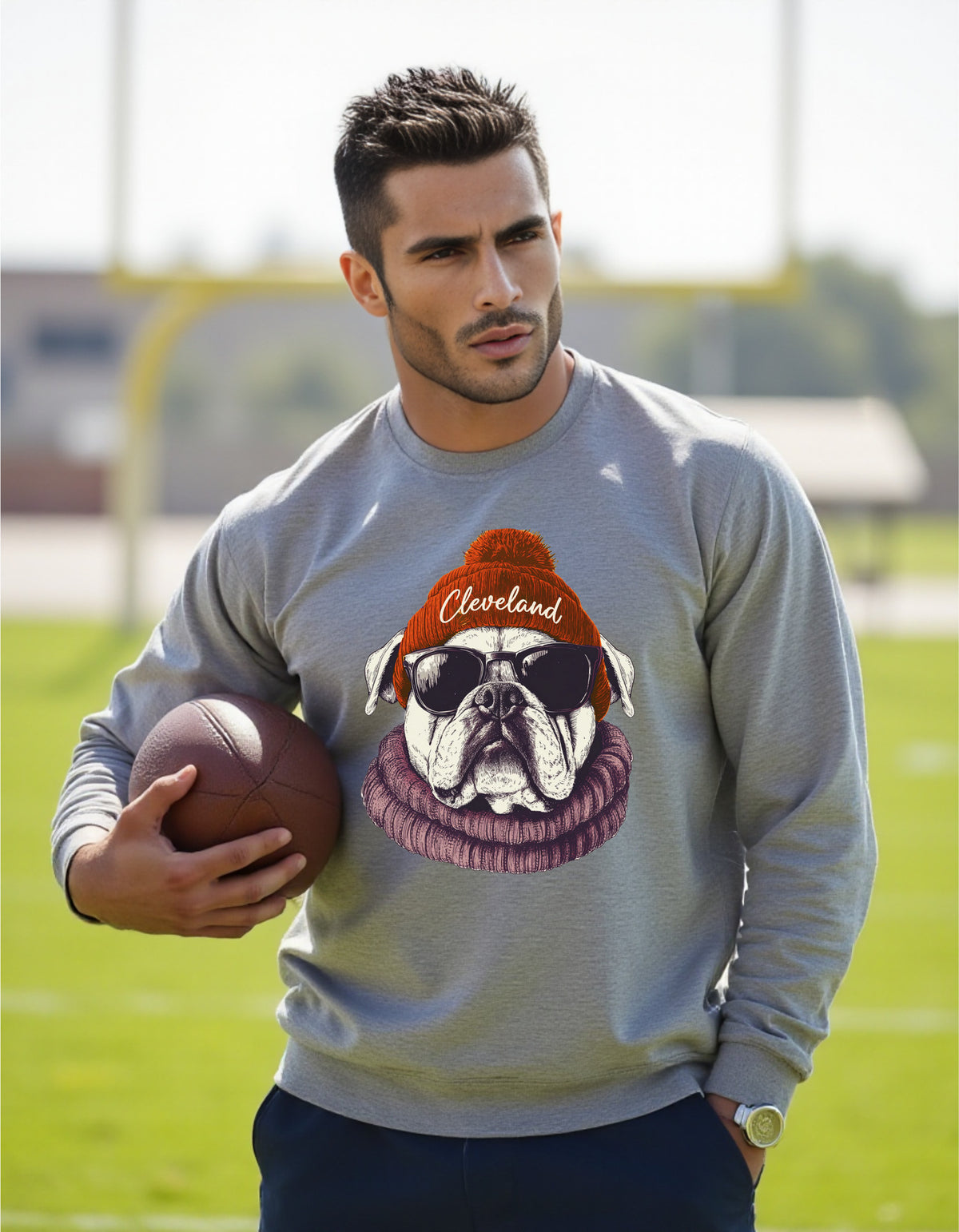 Cleveland Browns Spirit Animal sweatshirt on male model with football